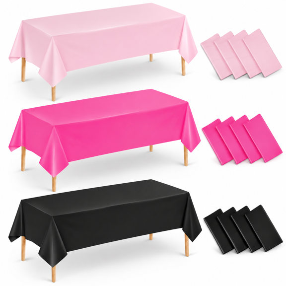 12 Pack Black Light Pink Dark Pink Disposable Plastic Rectangle Tablecloths 54x108 Inches