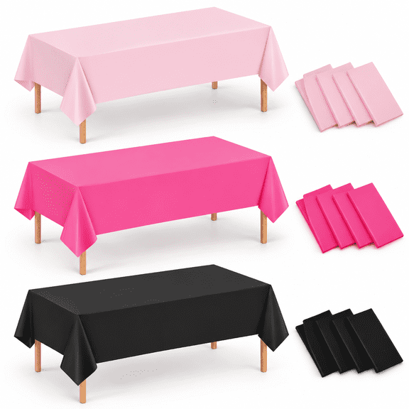 12 Pack Black Light Pink Dark Pink Disposable Plastic Rectangle Tablecloths