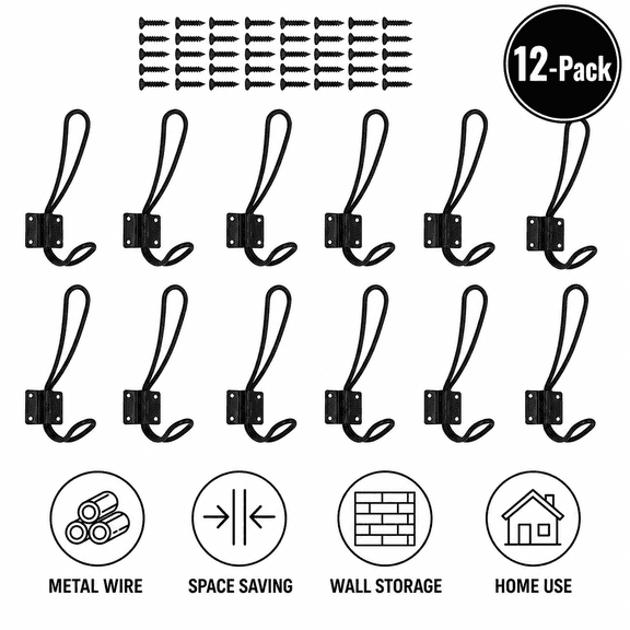 12-Pack Black Metal Wire Wall Hooks for Hanging Storage