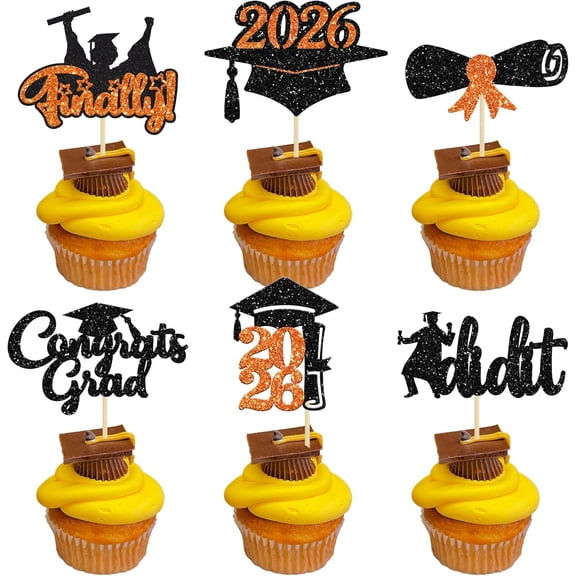 12 Pack Black & Orange Glitter 2026 Graduation Cupcake Toppers, Finally, I Did It Party Picks