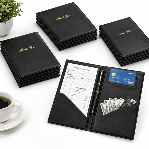 12 Pack Black PVC Leather Restaurant Check Presenters with Thank You Imprint