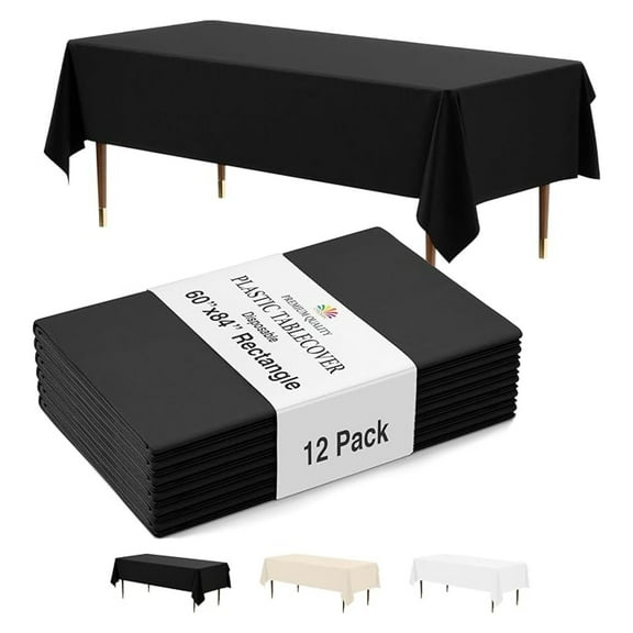 12-Pack Black Plastic Disposable Tablecloth – Size: 60 × 84 Inches – Rectangle Table Cover for Parties, Picnics & Formal Events