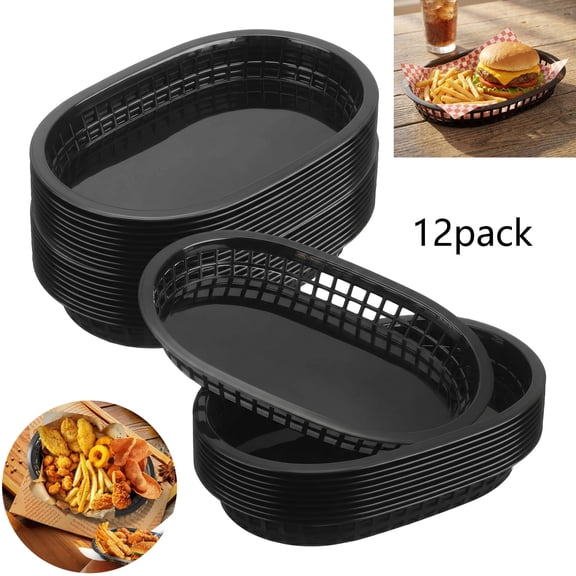 12 Pack Black Plastic Fast Food Baskets 10.5" x 7" Oval Reusable Serving Trays for Restaurants, Chip, Burger, Hot Dog, Sandwiches, Picnic & Party