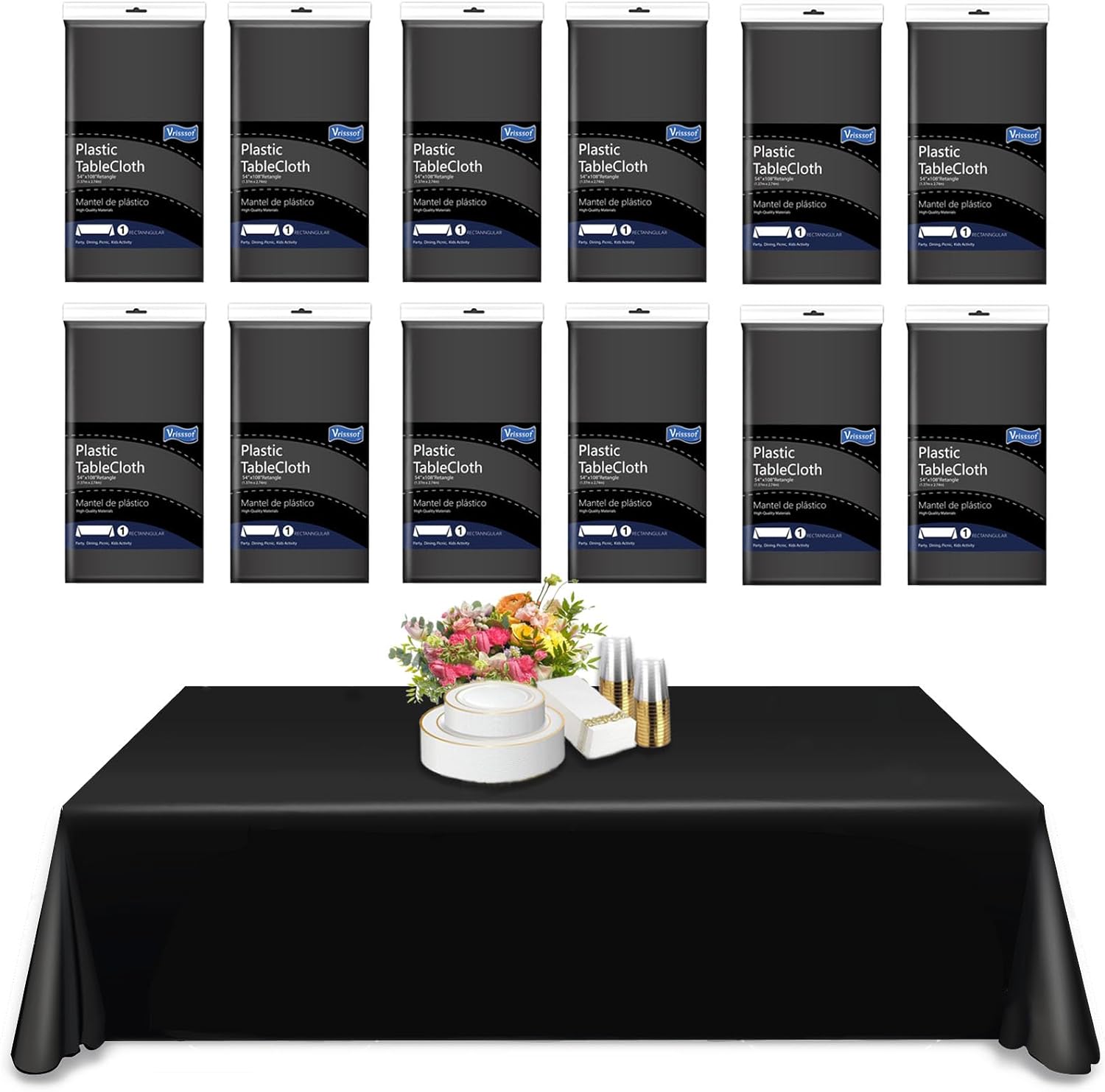12Pack Black Plastic Tablecloth54 x 108 in. Elegant and Disposable