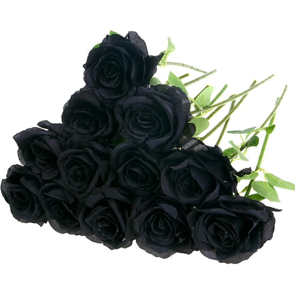 12 Pack Black Roses Artificial Flowers with Stems Fake Silk Black Rose Bouquet for Halloween Indoor Home Decor Wedding Vase Table Centerpiece DIY Decoration