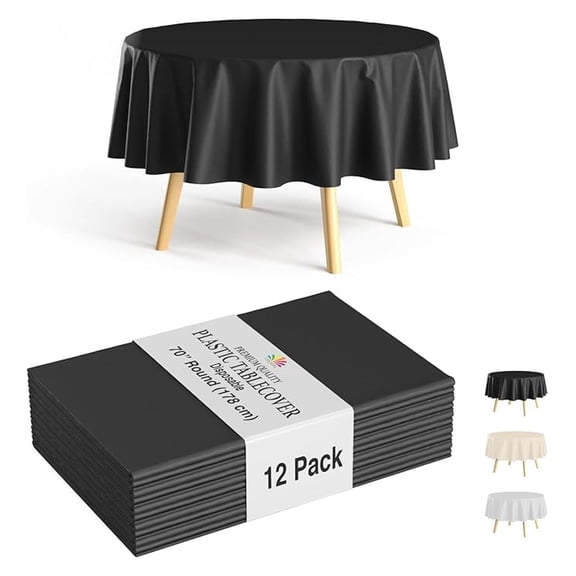 12-Pack Black Round Plastic Tablecloth Disposable – Size: 70 Inches – Round Plastic Table Cloths for Parties, Picnics & Formal Events