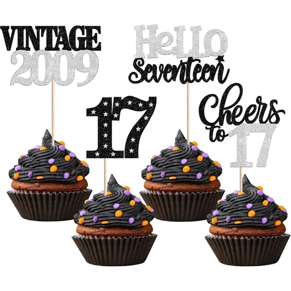 12 Pack Black & Silver Glitter 17th Birthday Cupcake Toppers, Vintage 2009 Cheers to 17 Picks for 17th Birthday Party Cake Decorations Supplies
