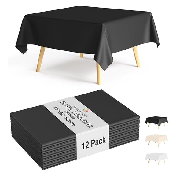 12-Pack Black Square Plastic Disposable Tablecloth – Size: 52 × 52 Inches – Square Table Cover for Parties, Picnics & Formal Events