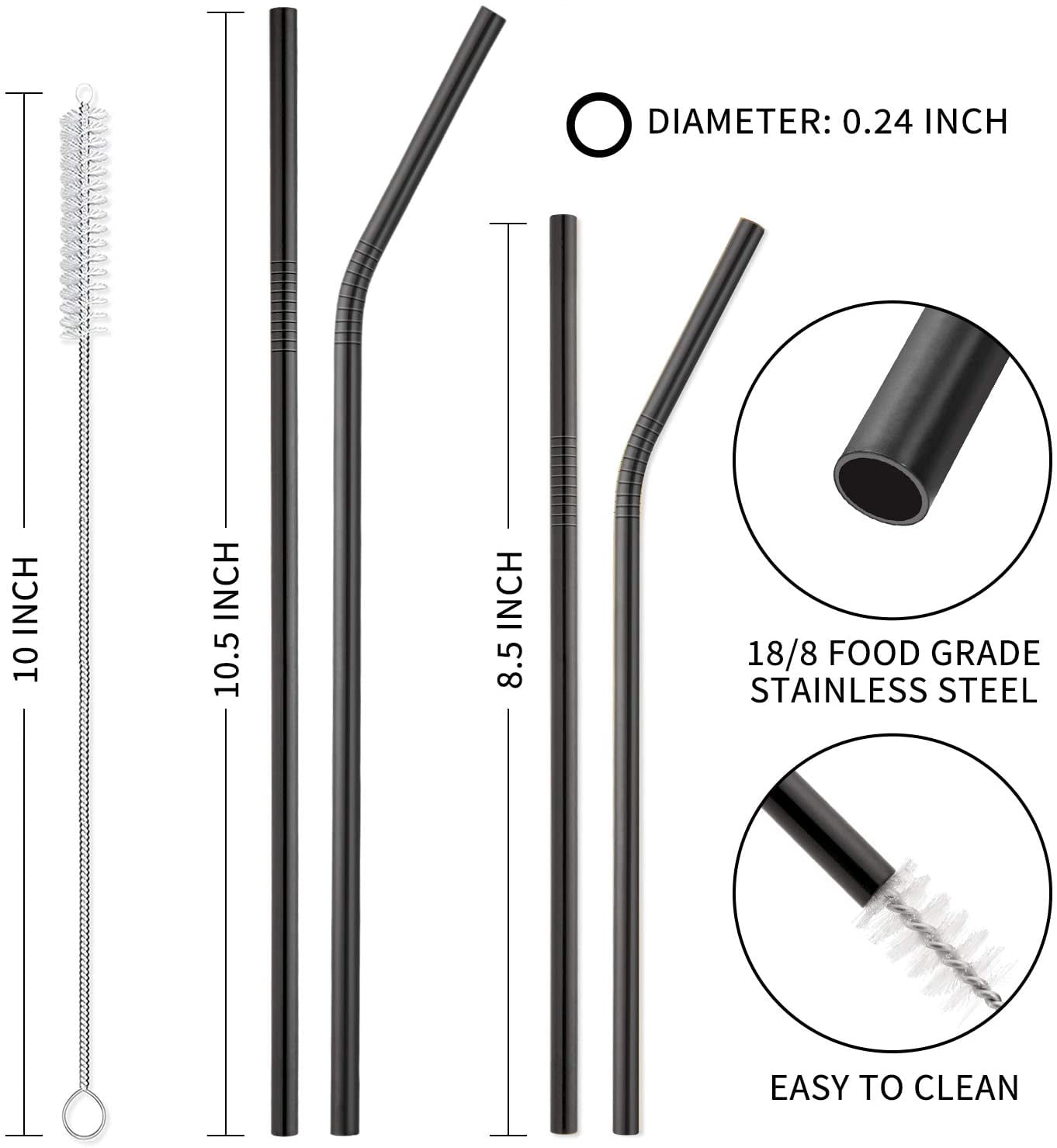 12-Pack Black Stainless Steel Reusable Straws with Case for 20oz and ...