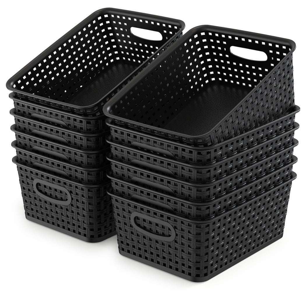 12-Pack Black Woven Plastic Storage Basket – Stackable Organizer (10.1”L x 7.6”W x 4.1”H)