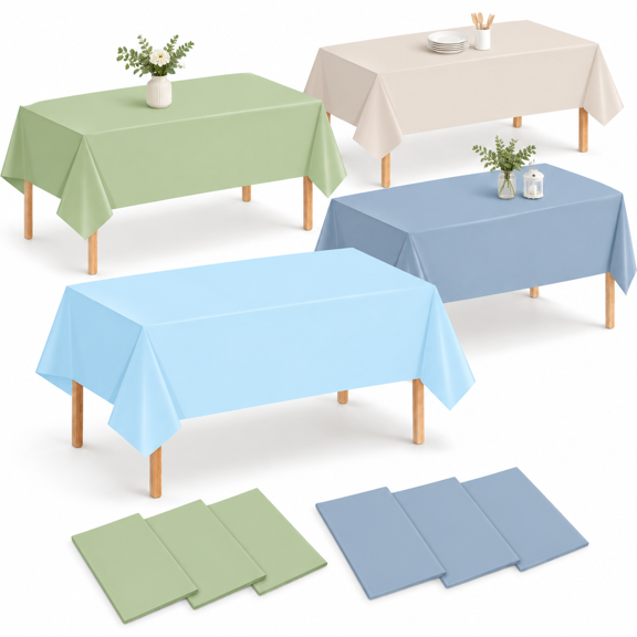12 Pack Blue Beige Sage Green Disposable Plastic Tablecloths for Rectangle Tables Party Decor