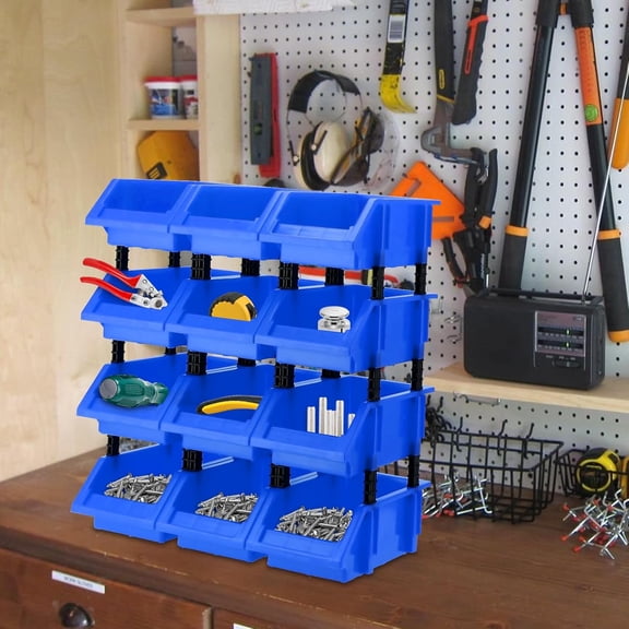 12 Pack Blue Garage Storage Tool Bin, 7.09 x 4.72 x 3.15 Inch Plastic Hanging Stacking Stackable Organizer Storage Rack for Hardware Tools Organization, Workshop, Small Parts