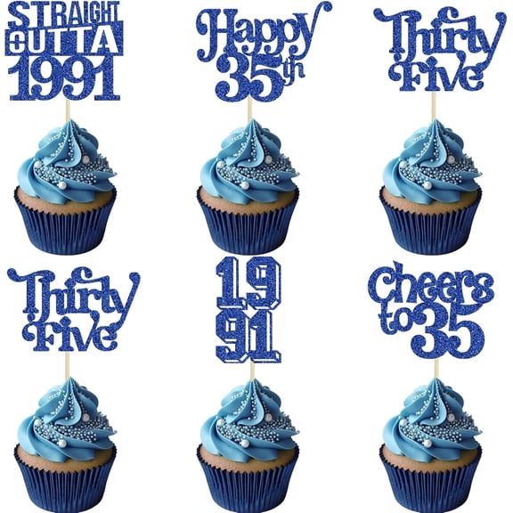 12 Pack Blue Glitter 35th Birthday Cupcake Toppers (1991)