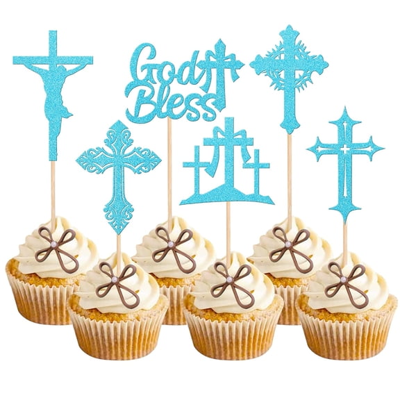 12 Pack Blue Glitter Cross Cupcake Toppers, God Bless Picks for Baptism First Communion Religious Party Cake Decorations Supplies