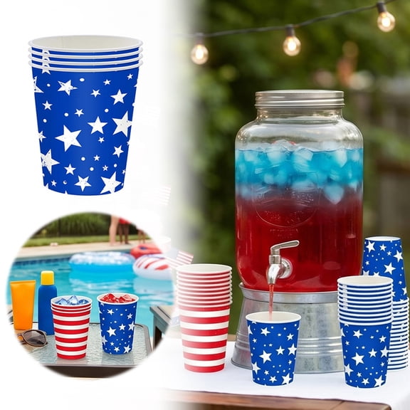 12 Pack Blue Star Patriotic Disposable Paper Cups Red and White Striped Paper Cups for Party Disposable Party Festive Drinkware for Celebrations Elegant Tableware for Event Hosting