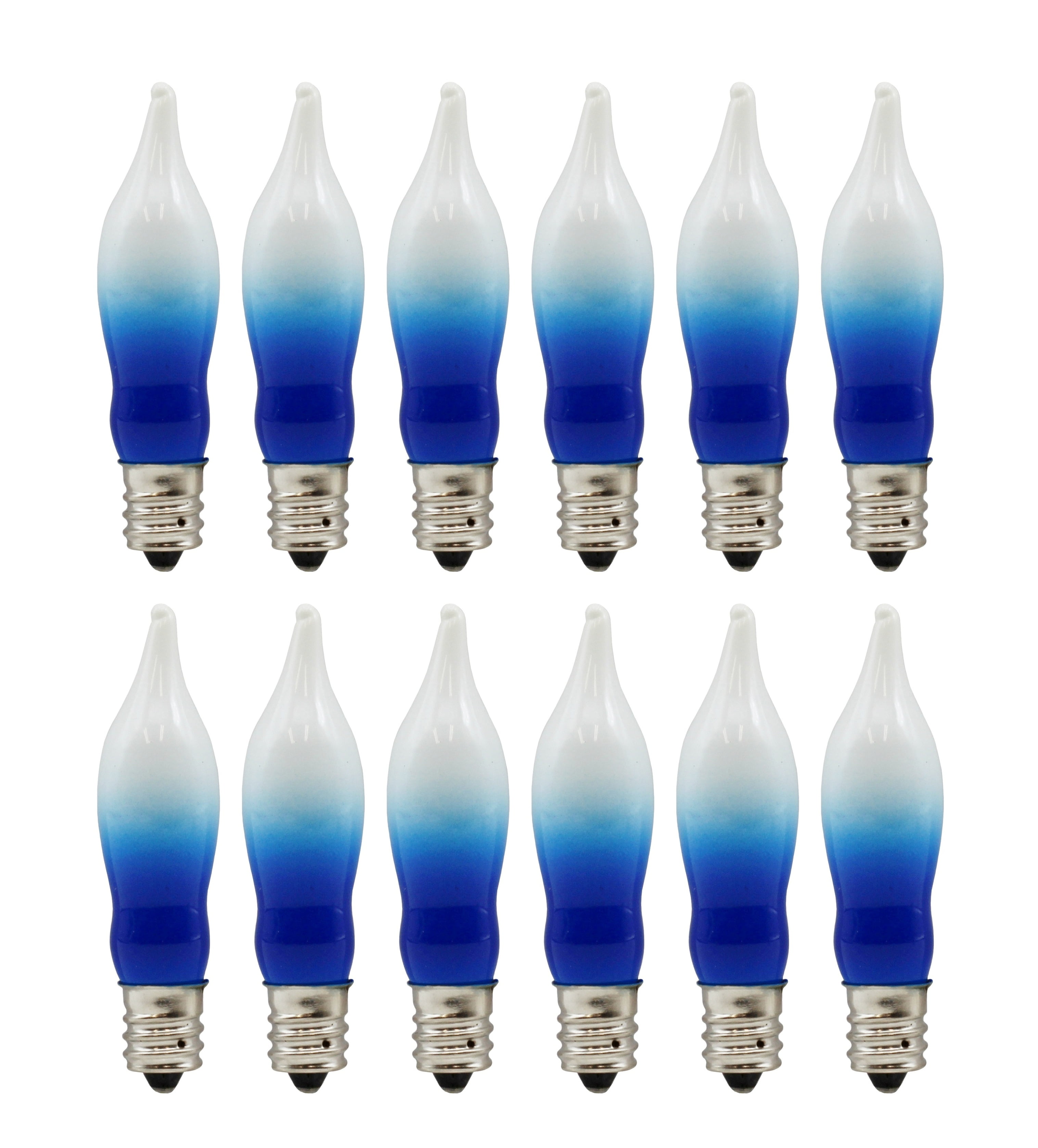 12 Pack Blue & White Flame Tip Incandescent Bulbs, 7W 120V, E12 Candelabra Base, Ideal for Electric Menorah, Window Candles, Chandeliers, Sconces & Holiday Dcor