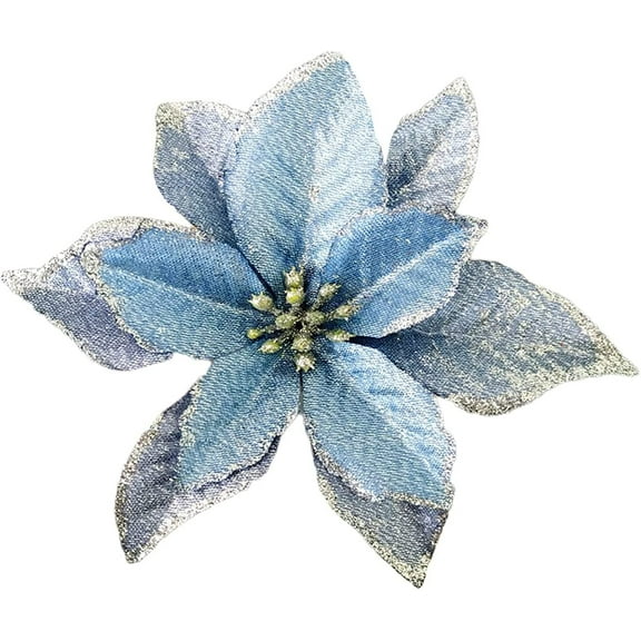 12 Pack Blue Xmas Glitter Poinsettia 5.1 inch Artificial Flowers Christmas Tree Decorations Clearance Ornaments