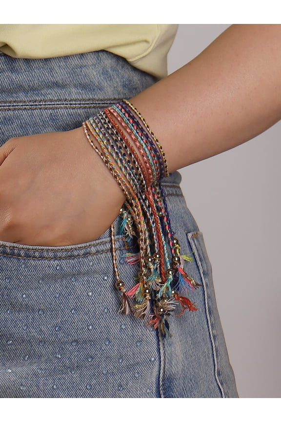 12-Pack Bohemian Multicolor Adjustable Silk Rope Wrap Bracelets - Colorful Friendship Style