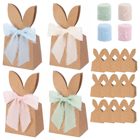 12 Pack Boho Bow Easter Bunny Party Favor Bags DIY Bunny Gift Boxes with 4 Roll Ribbon Kraft Paper Rabbit Ears Gift Bags Easter Goodie Bags Easter Treat Bags Farmhouse Easter Bags Easter Gift Bags