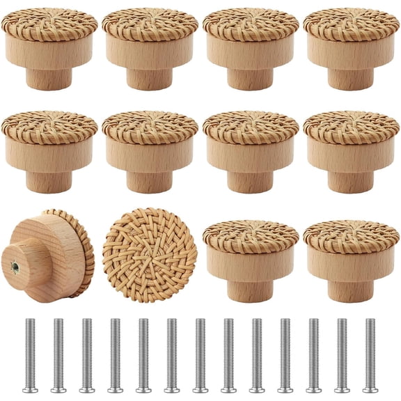 12 Pack Boho Wooden Rattan Dresser Knobs, Handmade Ratton Handles with 12 Screws, Beech Wood Drawer Pulls for Ktichen, Closet, Cabinet Decorative, Nursery, Furniture, Bathroom (Burlywood)