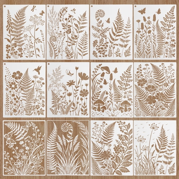 12 Pack Botanical Wall Stencil Kit,11 x 14.53 Inch Reusable for Painting,Style 1
