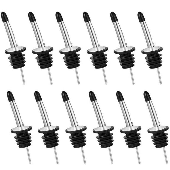 12 Pack Bottle Pourers, Stainless Steel Freeflow Liquor Spirits Pourer with Rubber Dust Cover, Tapered Spout Pourers for Wine Liquor Olive Oil Bottle