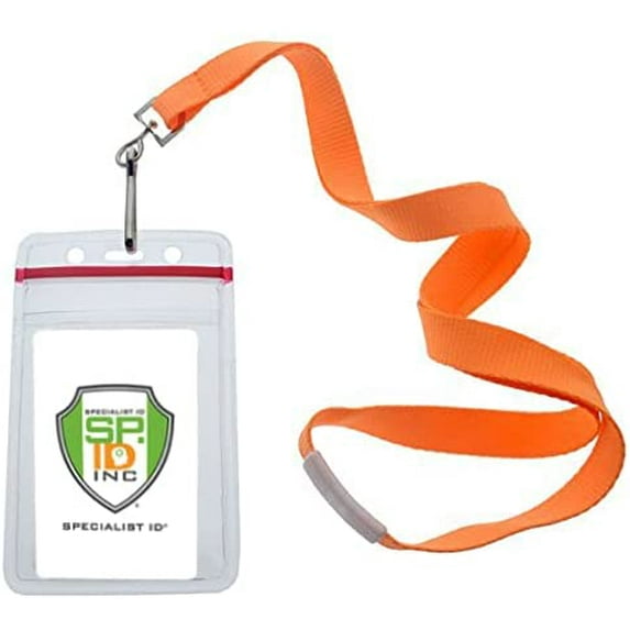 12 Pack - Bright Neon Lanyards with Clear Resealable Vertical Badge Holder - Wide Neck Straps with Breakaway Clasp for Cruise Key Cards, Theme Park and School Passes by Specialist ID (Orange)