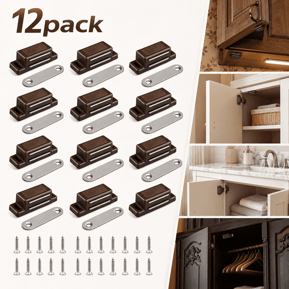 12 Pack Brown Cabinet Door Magnets, Magnetic Cabinet Latch for Cupboards Drawers Kitchen Bathroom Shutters, Iman Para Puertas