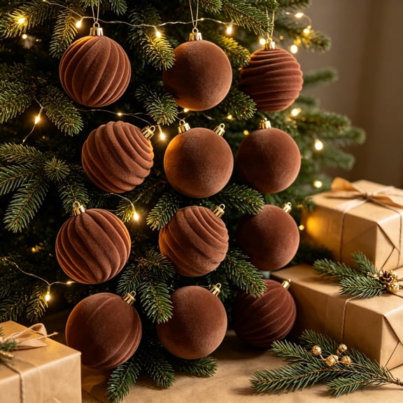 12-Pack Brown Flocked Christmas Ornament Balls, 3 Patterns, Hanging Tree Decorations for Holiday Home Decor