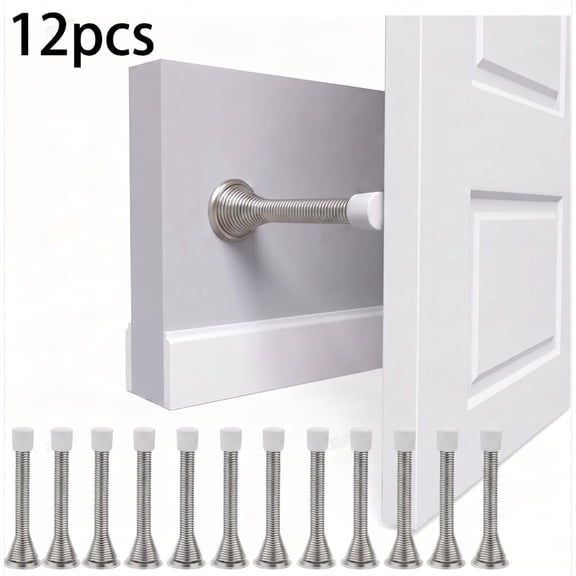12 Pack Brushed Nickel Spring Door Stoppers, Heavy‑Duty Wall Protectors with White Rubber Silent Bumper Tips for Home Bedroom Office Baseboard Protection