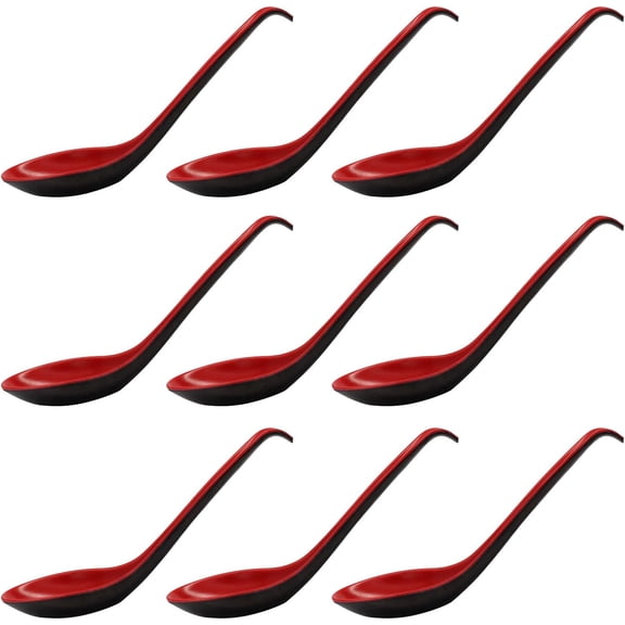 12-Pack Bulk Asian Soup Spoons with Hook, Long Handle Ramen Spoons for Large Families (Black/Red)