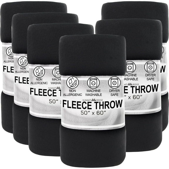 12 Pack Bulk Throw Blankets Twin Size 60"L x 50"L Hypoallergenic, Lightweight Soft Fleece Throw Blankets for Homeless, Wedding Favors, Bed, Couch, Pet Blankets, Hospital Blankets in Black