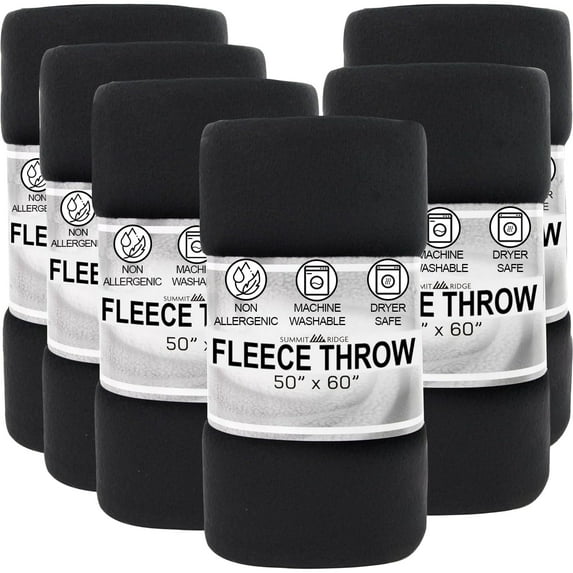 12 Pack Bulk Throw Blankets Twin Size 60"L x 50"L Hypoallergenic, Lightweight Soft Fleece Throw Blankets for Homeless, Wedding Favors, Bed, Couch, Pet Blankets, Hospital Blankets in Black