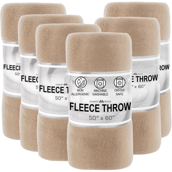 12 Pack Bulk Throw Blankets Twin Size 60"L x 50"L Hypoallergenic, Lightweight Soft Fleece Throw Blankets for Homeless, Wedding Favors, Bed, Couch, Pet Blankets, Hospital Blankets in Khaki
