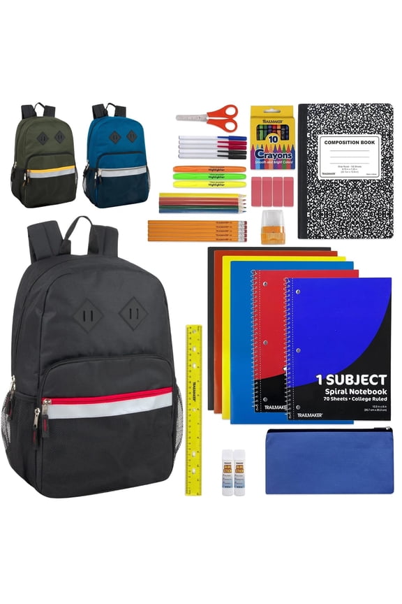 12 pack 18 Inch Reflective Summit Ridge Backpacks with 45 Piece Stationary Kits with Notebooks, Pens, Pencils & More in Assorted Colors