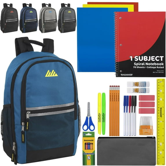12 Pack of Bulk Wholesale 18”L Classic Assorted Color Backpacks with 30 Piece Stationary Kits Containing 1 Notebook, 3 Folders, 5 Pencils, 5 Pens, 3 Erasers & More in Male Colors Pack
