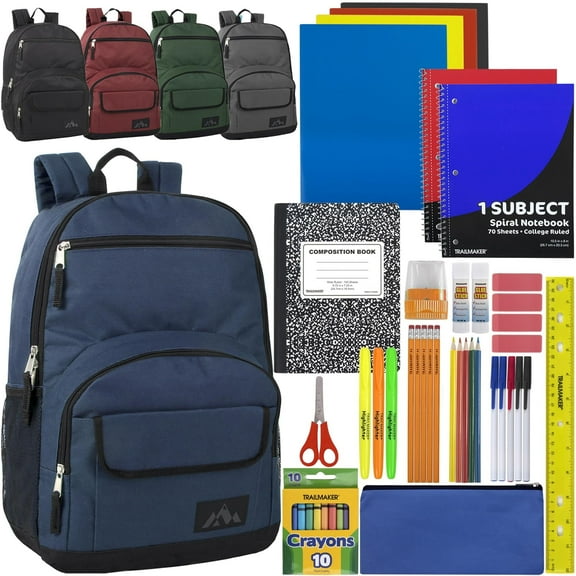 12 Pack of Bulk Wholesale 18”L Classic Assorted Color Backpacks with 45 Piece Stationary Kits Containing 2 Spiral Notebooks, 4 Folders, 5 Pencils, 5 Pens, 1 Pencil Sharpener, 4 Erasers & More!