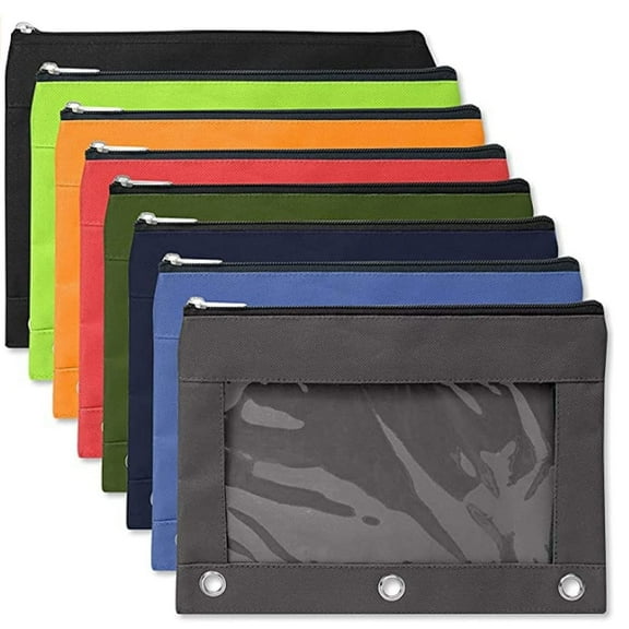 12 Pack of Bulk Wholesale 3 Ring Binder Clear Window Zippered Pencil Cases for Pens, Pencils, Markers, Scissors, Sharpeners, Erasers, Students and Classrooms in 8 Assorted Colors