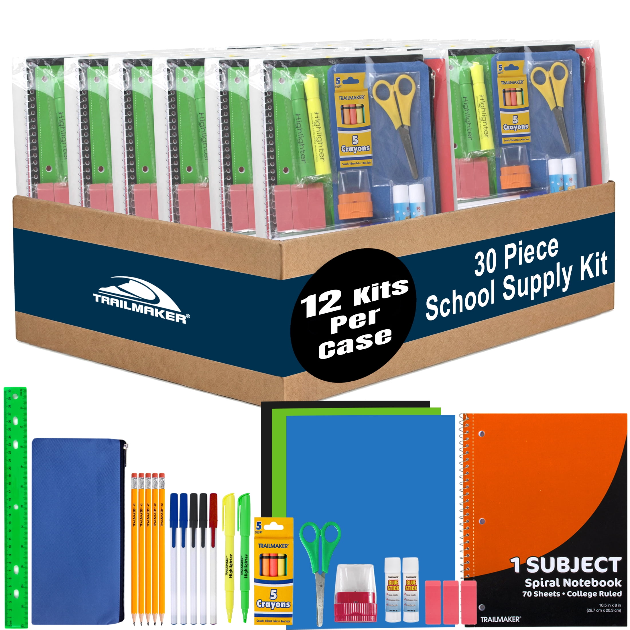 12 Pack of Bulk Wholesale 30 Piece Stationary Kits with 1 Spiral Notebook, 5 Pens, 5 Pencils, 5 Crayons, 3 Folders, 3 Erasers, 1 Ruler, 1 Sharpener & More!