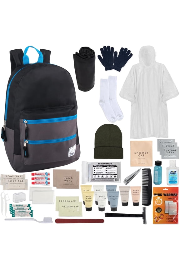 12 pack Trail maker 45 Piece Winter Care Toiletry Kits for Homeless Charity Donation with Backpack, Beanie Hat, Socks & More