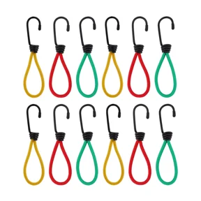 12 Pack Bungee Cords with Hooks, 6 Inch Heavy Duty Small Elastic Bungee Straps, Mini Rubber Tie Down Ropes for Camping, Tent, Tarps, Luggage, Bike, Outdoor Use, Yellow/Red/Green