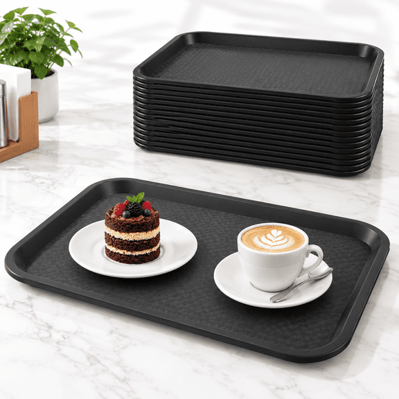 12 Pack Cafeteria Trays 13 X 10 Inch Plastic Fast Food Serving Restaurant Black Stackable Platter For Kitchen Party Dining