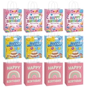 12 Pack Candy & Rainbow Themed Birthday Gift Bags, Medium Paper Party Bags with Handles for Celebrations