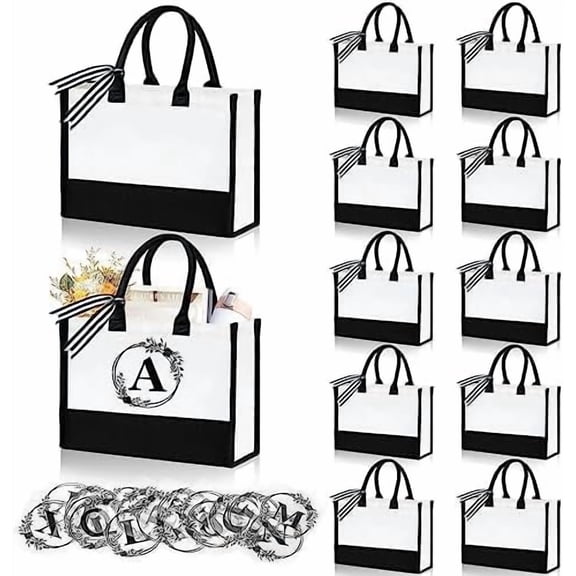 12 Pack Canvas Tote Bag for Women, Personalized Blank Beach Bag with 26PCS A-Z Initial Heat Transfer Letters Film, DIY Monogrammed Gift Tote Bags Bulk for Mom Teachers Friends Bridesmaids