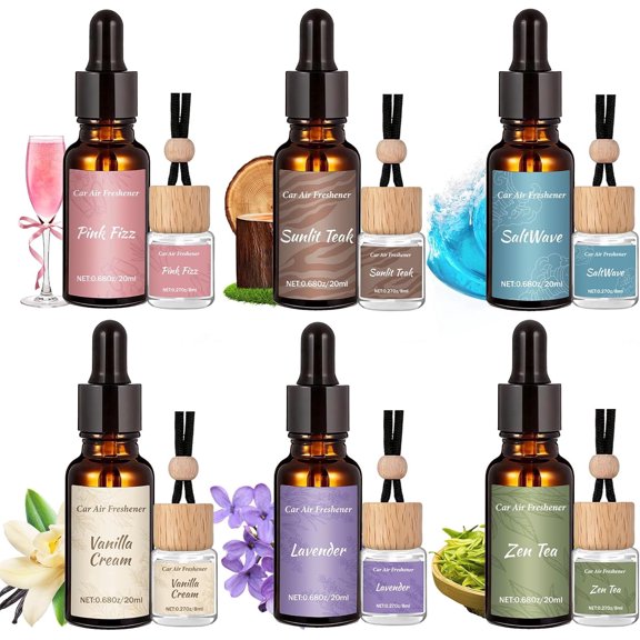 12 Pack Car Air Freshener Refills, 6-Scent Hanging Air Freshener Diffuser Set-Each(8ml+20ml Refill), Essential Oil Diffuser with Refill Bottles,Reusable Car Fragrance Decor Accessories