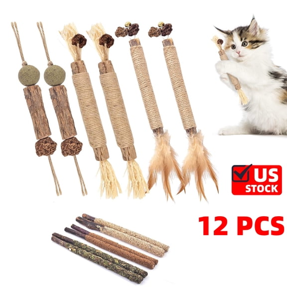 12 Pack Catnip Chew Toys for Cats, Natural Silvervine Sticks for Kittens Teeth Cleaning, Matatabi Dental Care, Increase Appetite, Calm Cat Anxiety and Stress, Aggressive Chewers Cat Dental Toy