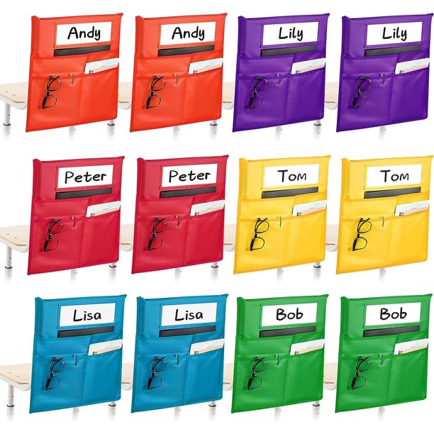 12 Pack Chair Pockets for Classrooms, 6 Color Chair Pocket with 3 Heavy Duty Storage Pocket