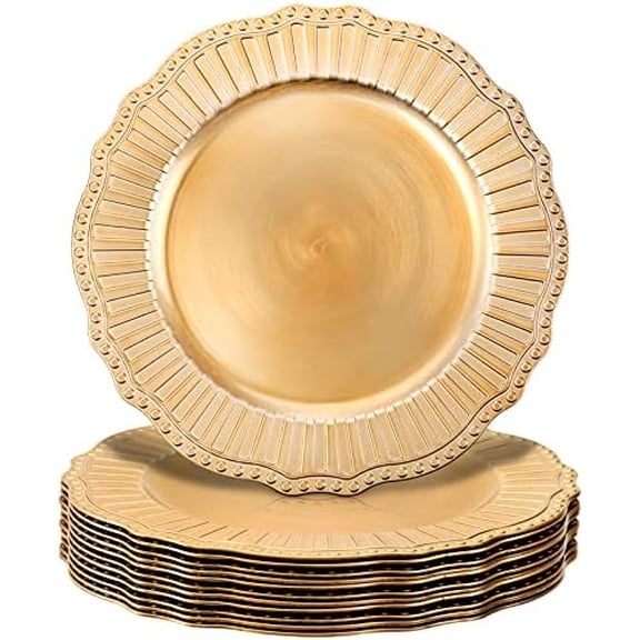 12 Pack Charger Plates, 13Inch Plastic Gold Dinner Under Plates with Round Service Base, Reusable Beaded Server Ware Serving Trays for Wedding, Christmas Dinner Table$$Home Decor, Kitchen, & Other