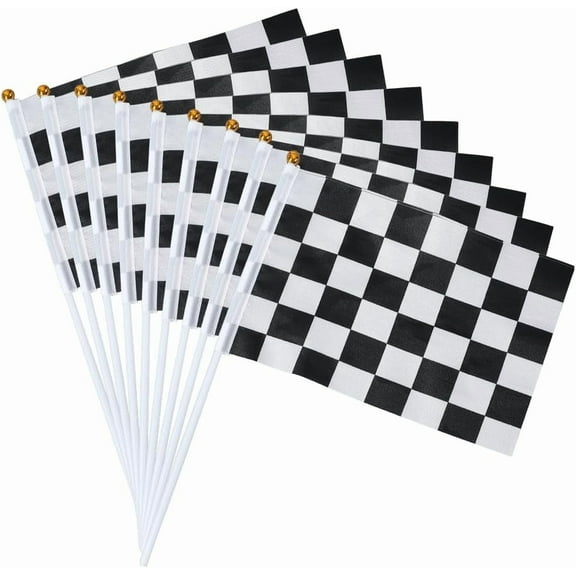 12 Pack Checkered Race Flag Decor Race Car Flags 12.2 x 4.6 Inch Polyester Waving Black and White Craft Plastic Handheld Stick Banner Accessories