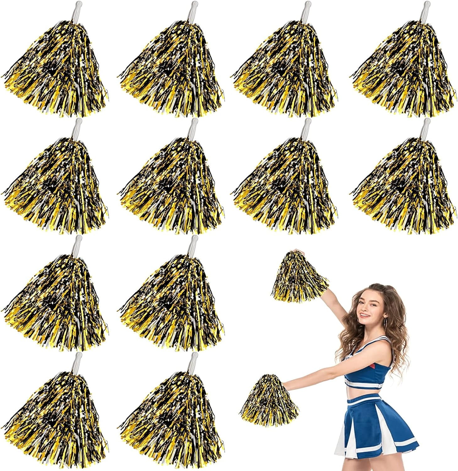 12 Pack Cheerleading Pom Poms with Baton Handle, Metallic Foil Pom Poms Hand Flowers Cheerleader Pompoms for Sports Cheers Ball Dance Fancy Dress Night Party (Black/Gold)